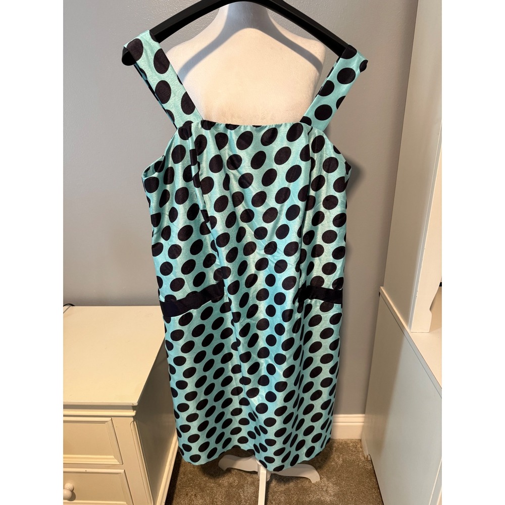 Dana Kay Womens Plus 14W Aqua Blue Black Polka Dot Satin Square Neck Shift Dress